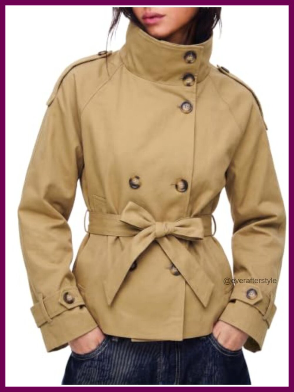 Cropped Trench Coat Double Breasted High Neck Button Jacket